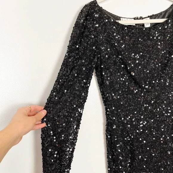 NWT Scala Black Silk Fully Sequin Long Sleeve Maxi Dress Side Slits Size Small - Picture 3 of 14